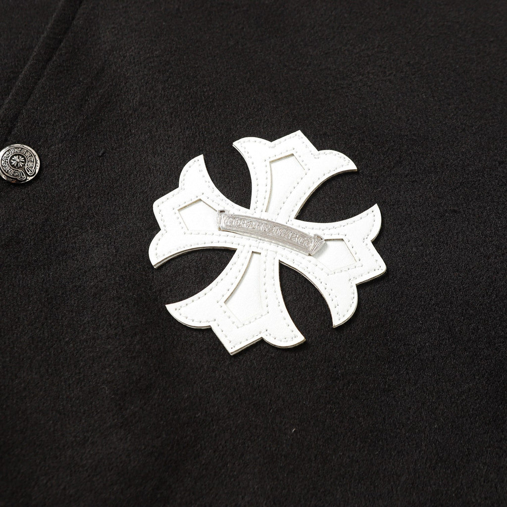 Cross Embroidered Leather Sleeve Varsity Jacket - Black Street Style 116