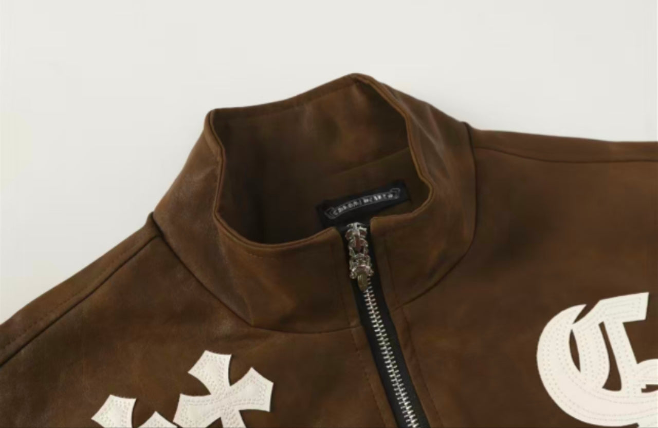 Cross Patch Suede Jacket - Brown Gothic Streetwear Outerwear 8833